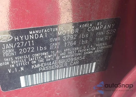 2011 Hyundai Elantra Limited (Ulsan Plant) from USA, damaged, VIN KMHDH4AE5BU099854